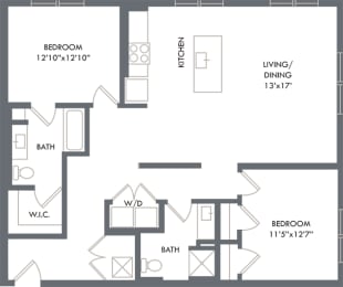 2 bedroom floorplan. Entrance hall leads to kitchen/living/dining areas. guest bathroom with standalone shower. bedrooms on opposite ends of apartment. primary bedroom has private bathroom that leads to Walk-in closet. W/D.