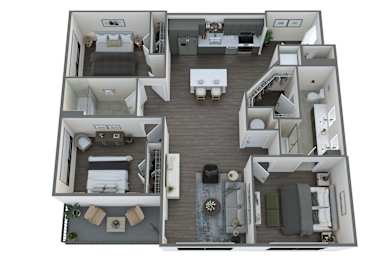 a 3d floor plan of a studio apartment with a bedroom and living room