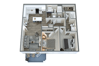 A floor plan of a house with a living room, kitchen, and two bedrooms.