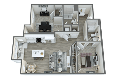 A 3D floor plan of an apartment layout.