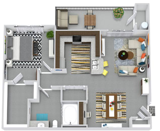 3D McKinney 1 bedroom apartment. Kitchen with bartop open to living room and dining room . 1 full bath with vanity. large walk-in closet. patio/balcony.