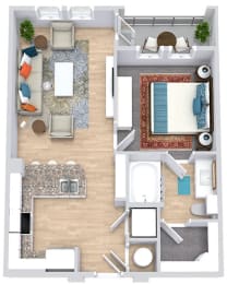 a floor plan that includes a bedroom with an attached bathroom and walk in closet, a kitchen with an "L" shaped counter with barstool seating, a living area, and an outdoor patio/balcony space