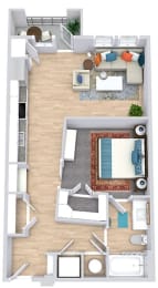 a floor plan that includes a bedroom with an attached bathroom and walk in closet, a kitchen, a living area, and an outdoor patio/balcony space