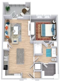 a floor plan that includes a bedroom with an attached bathroom and walk in closet, a kitchen with an island, a living area, and an outdoor patio/balcony space