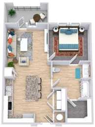 a floor plan that includes a bedroom with an attached bathroom and walk in closet, a kitchen with an island, a living area, and an outdoor patio/balcony space