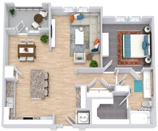 a floor plan that includes a bedroom with an attached bathroom and walk in closet, a kitchen with an island that has barstool seating, a dining space, a living area, and an outdoor patio/balcony space
