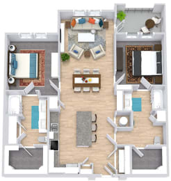 a floor plan that includes two bedrooms both with attached bathrooms and walk in closets, a kitchen with an island that has barstool seating, a living area, and an outdoor patio/balcony space