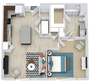 3d1 bedroom floorplan with L-shaped Kitchen and Island. Pantry, Living/Dining Area, Bedroom and bathroom with Shower and Walk-in Closet