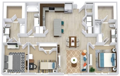3 Bedroom 3 bath floorplan with L-shaped kitchen, pantry, w/d. two bathrooms have a tub/shower while the other is a standalone shower. Walk-in closets.  optional 2' extended bedrooms