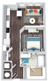 Studio, 1 bath floorplan. Entry nook with hooks. hallway leading to built-in desk, Pantry and Kitchen. Open to Living/dining area. Sliding door entry to bedroom with partial height wall. Large Closet.