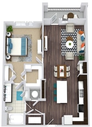 1 bedroom, 1 bath floorplan. entry nook. L-shaped kitchen with island and butlers pantry. open to living/dining area. double sink vanity in bath. Two closets in bedroom. Washer/Dryer. Balcony