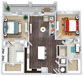 2 bedroom, 2 bath floorplan. entry nook with hooks. L-shaped kitchen with island and pantry. Open to Living/dining area. Double sink vanity in primary bath. Standalone shower in guest. Both with W.I.C