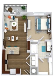 The Smith. 1 bedroom apartment. Kitchen with bartop open to living/dinning room. 1 full bathroom. Walk-in closet. Patio/balcony.