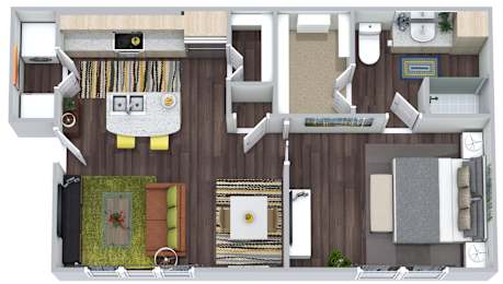 A top-down view of a small apartment with a kitchen, living room, and bathroom.
