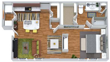 A top-down view of a well-furnished apartment.