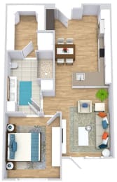 a floor plan with a bedroom, bathroom, kitchen, and living area