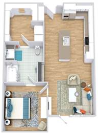 a floor plan with a bedroom, bathroom, kitchen with an island, and living area