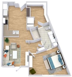 a floor plan with a bedroom, bathroom, kitchen with an "L" shaped counter, and living area