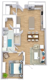 a floor plan with a bedroom, bathroom, kitchen with an island, dining space, and a living room