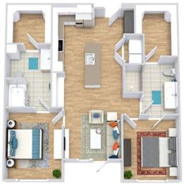 a floor plan with two bedrooms,  two bathrooms, a kitchen with an island, and a living room