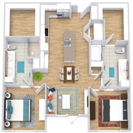 a floor plan with two bedrooms,  two bathrooms, a kitchen with an island, and a living room