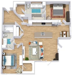 a floor plan with two bedrooms,  two bathrooms, a kitchen with an island, and a living room