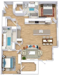 a floor plan with two bedrooms,  two bathrooms, a kitchen with an island, and a living room