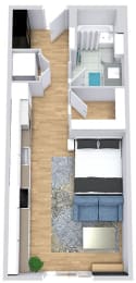 a floor plan of a studio apartment with a kitchen, bed, and bathroom
