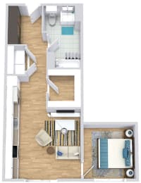 a floor plan with a bed, bathroom, kitchen, and a living area