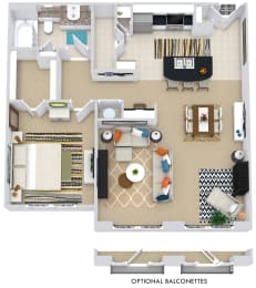 The Barcelona 3D. 1 bedroom apartment. Kitchen with bartop open to living/dining rooms. 1 full bathroom. Walk-in closet. Optional balconettes.
