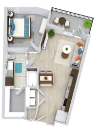 3D 1 bedroom floorplan with fill size w/d kitchen with pantry. living/dining area. bedroom and full bath with walk-in closet.