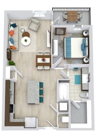 3D 1 bedroom floorplan with l-shaped kitchen and island. Pantry closet. living/dining area. full bath with tub and walk-in closet. stackable W/D.