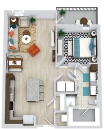 1 bedroom floorplan with L-shaped kitchen with island and pantry. Living/dining area. Full size w/d. Bathroom with double sink vanity and standalone shower. Walk-in closet