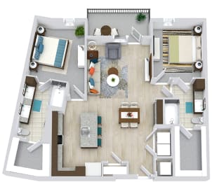 2 bedroom 2 bath floorplan with l-shaped kitchen and island with sink and d/w. dining area and living area. double sink vanity in primary bedroom. large walk-in closets. full size w/d.