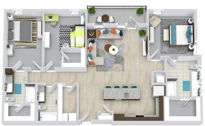 3 bedroom 3 bath floor plan with L-shaped kitchen with sink/dw in island. overlooks living/dining area. Primary bathroom includes double sink vanity. Full size w/d. Large walk-in closets