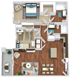The Travis. 2 bedroom apartment. Kitchen with island open to living/dinning rooms. 2 full bathrooms. Walk-in closet in master. Patio/balcony.