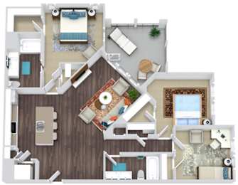 A floor plan of a house with a kitchen, living room, and two bedrooms.