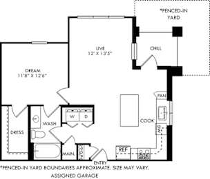 A floor plan of a house with a fenced-in yard.