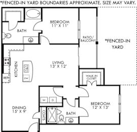 A floor plan of a house with a living room, dining room, kitchen, and two bedrooms.