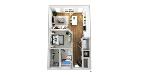 the abbott studio apartment with 1 bath. Entrance hallway with access to closet and full size laundry closet. hallway opens up to kitchen and living areas. sliding door in hallway leads to bedroom with walk-in closet and bathroom access. transom opening in bedroom allows for ample lighting.