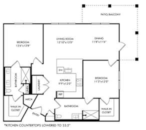 A floor plan of a house with a kitchen countertop lowered to 33.5 inches.