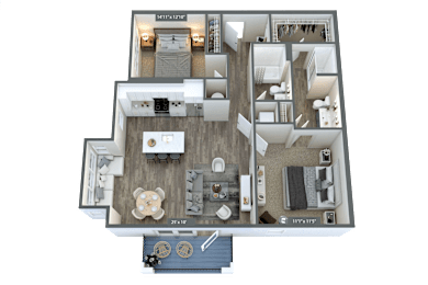 A floor plan of a house with a living room, two bedrooms, a kitchen, and a bathroom.