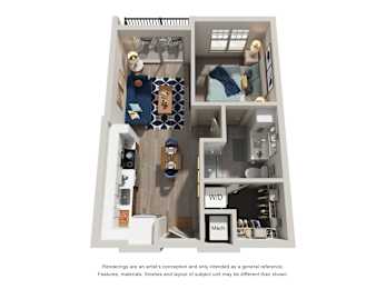 A floor plan of a small apartment with a kitchen, living room, and bedroom.