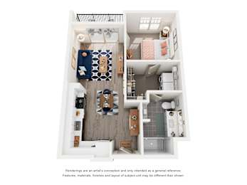 A floor plan of a small apartment with a kitchen, living room, and bathroom.