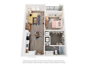 A floor plan of a small apartment with a living room, kitchen, and bathroom.