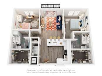 A diagram of a house with a kitchen, living room, and bathroom.