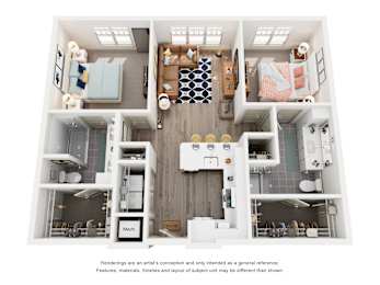 A floor plan of a small apartment with a kitchen, living room, and two bedrooms.
