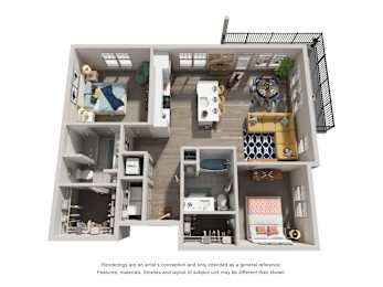 A 3D floor plan of a house with a kitchen, living room, and two bedrooms.