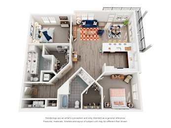 A 3D rendered image of a house layout.