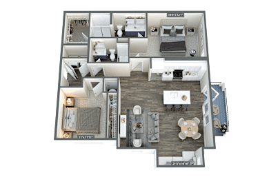 A floor plan of a house with a living room, two bedrooms, a bathroom, and a kitchen.
